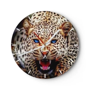 Reloj de pared - Reloj de vidrio - Un leopardo amenazante con ojos azules contra el fondo de la naturaleza. - 30x30cm - La ira no daña la belleza - Decoración de pared moderna para salón, cocina y dormitorio ARTTOR