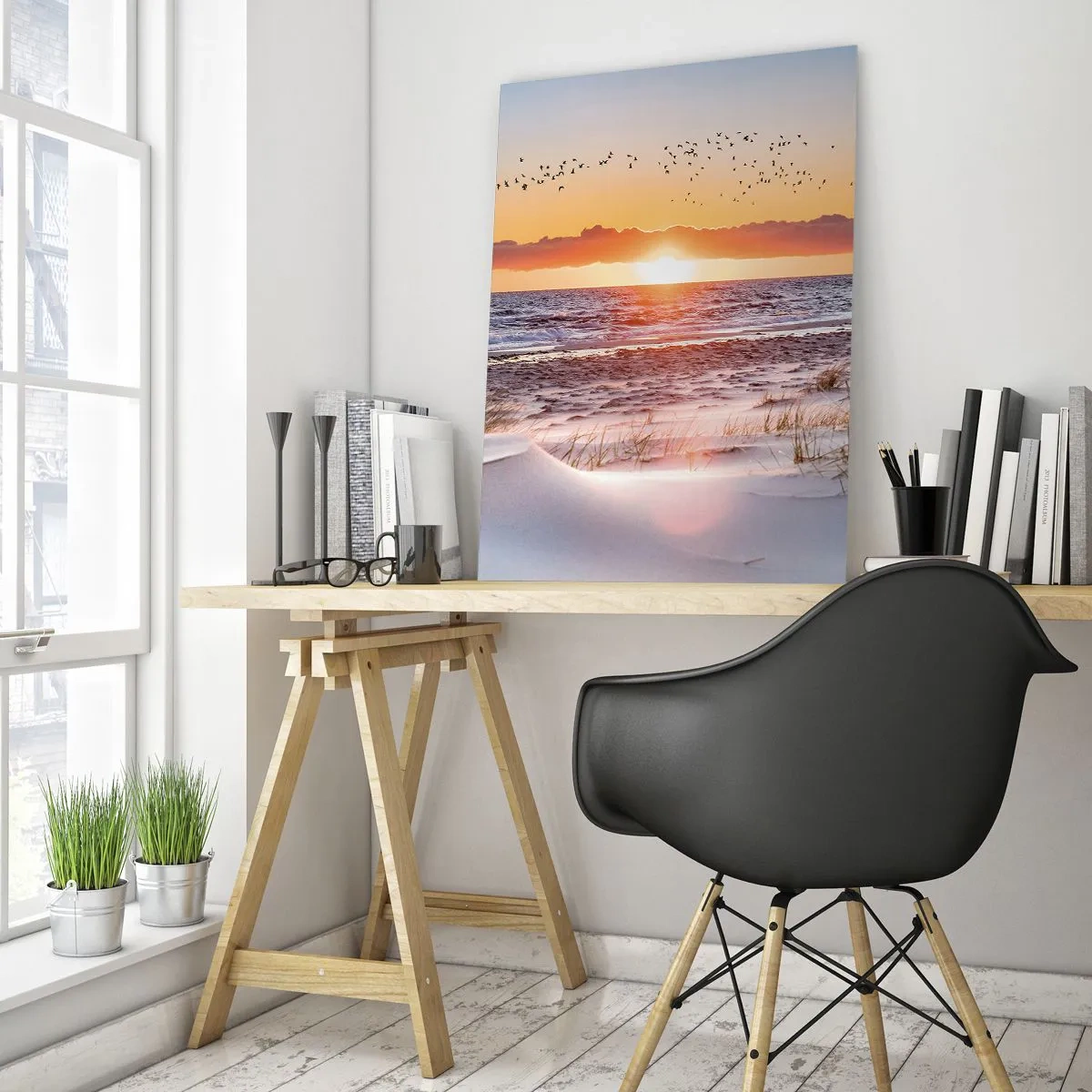Cuadro sobre vidrio - Impresiones sobre Vidrio - Puesta de sol sobre el mar con vistas a las dunas - 70x100cm - Paisaje horizontal - Decoración de pared moderna para salón y dormitorio ARTTOR