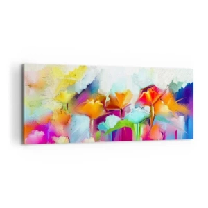 Cuadro sobre lienzo - Impresión de Imagen - Flores abstractas de colores sobre un fondo claro - 120x50cm - Un arco iris ha florecido - Decoración de pared moderna para salón y dormitorio ARTTOR