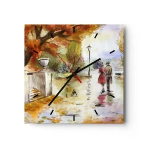 Reloj de pared - Reloj de vidrio - Un paseo por el parque de otoño con un paraguas. - 30x30cm - Un otoño romántico en el parque - Decoración de pared moderna para salón y dormitorio ARTTOR