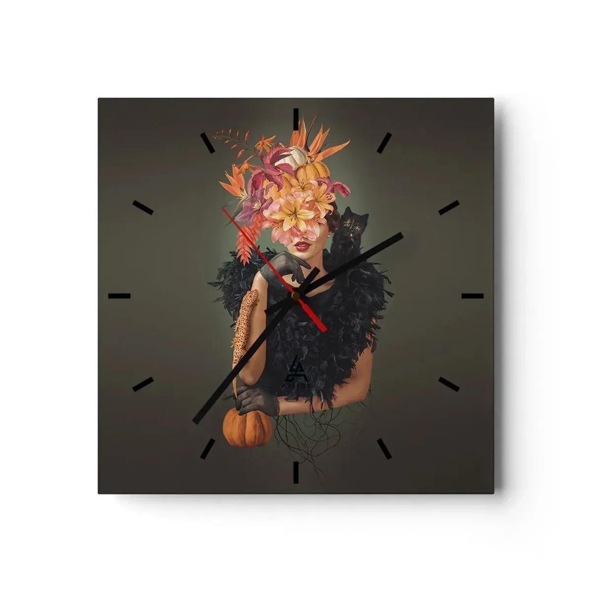 Reloj de pared - Reloj de vidrio - Retrato de una mujer con motivos otoñales y un gato. - 30x30cm - Hechizo de bruja - Decoración de pared moderna para salón y dormitorio ARTTOR