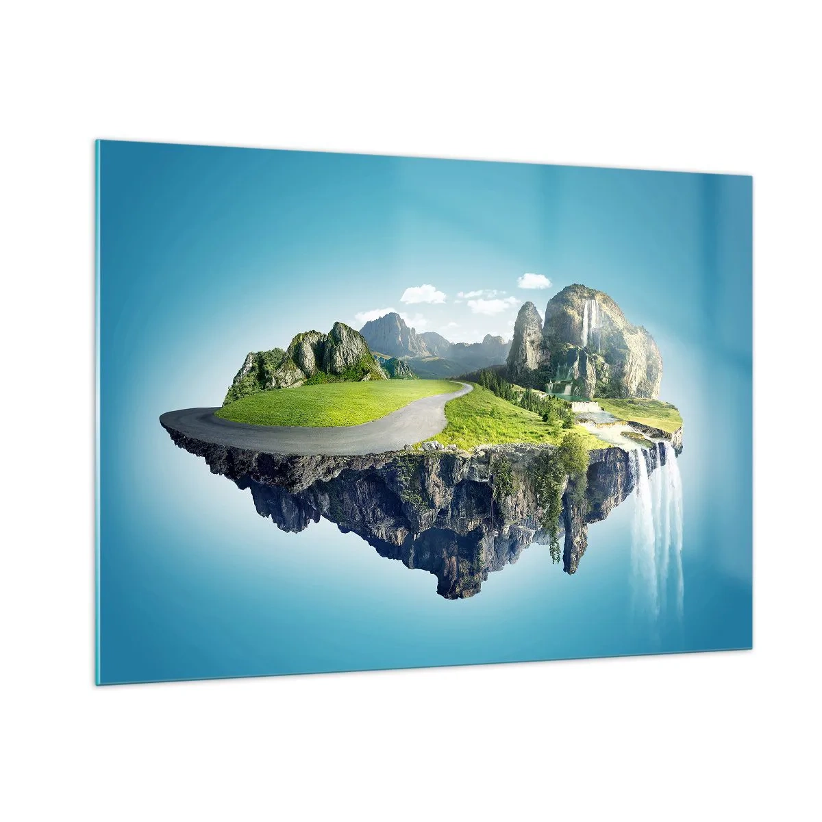 Cuadro sobre vidrio - Impresiones sobre Vidrio - Una isla flotante con montañas, una cascada y vegetación. - 100x70cm - Isla fantástica - Decoración de pared moderna para salón y dormitorio ARTTOR