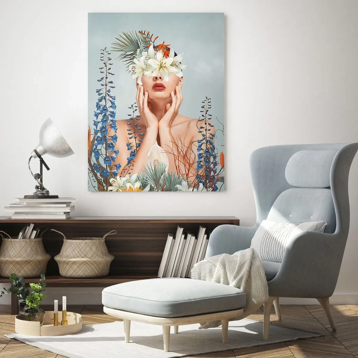 Cuadro sobre vidrio - Impresiones sobre Vidrio - Retrato de una mujer con un motivo floral sobre un fondo azul. - 70x100cm - Mujer-flor - Decoración de pared moderna para salón y dormitorio ARTTOR