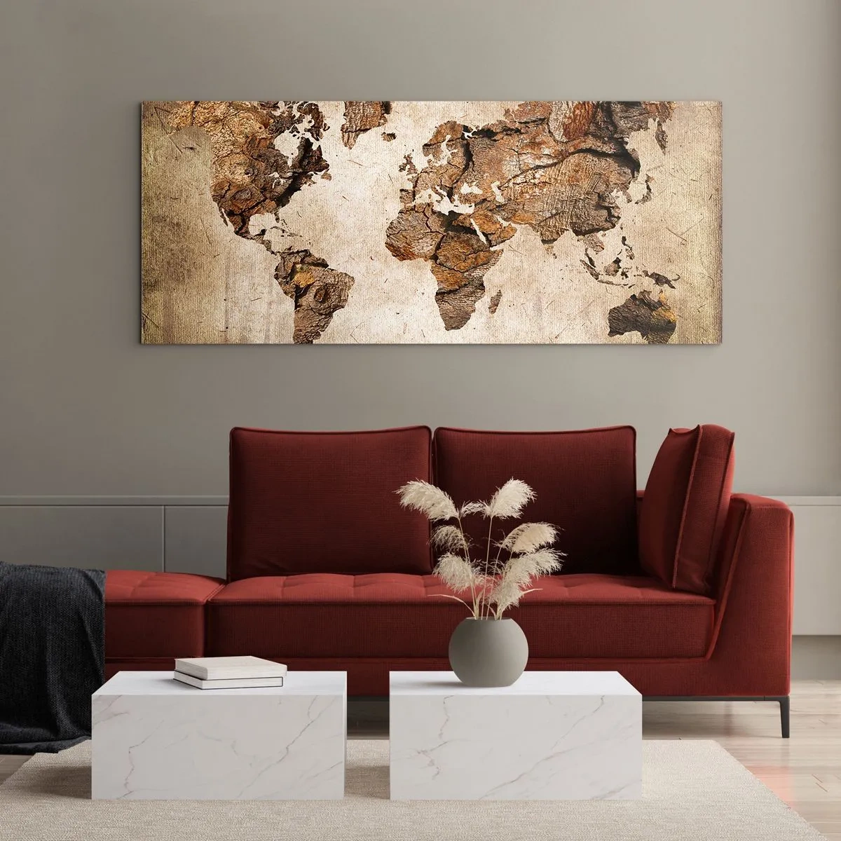Cuadro sobre vidrio - Impresiones sobre Vidrio - Un mapa del mundo en estilo rústico de madera. - 140x50cm - El descubrimiento del mundo - Decoración de pared moderna para salón y dormitorio ARTTOR