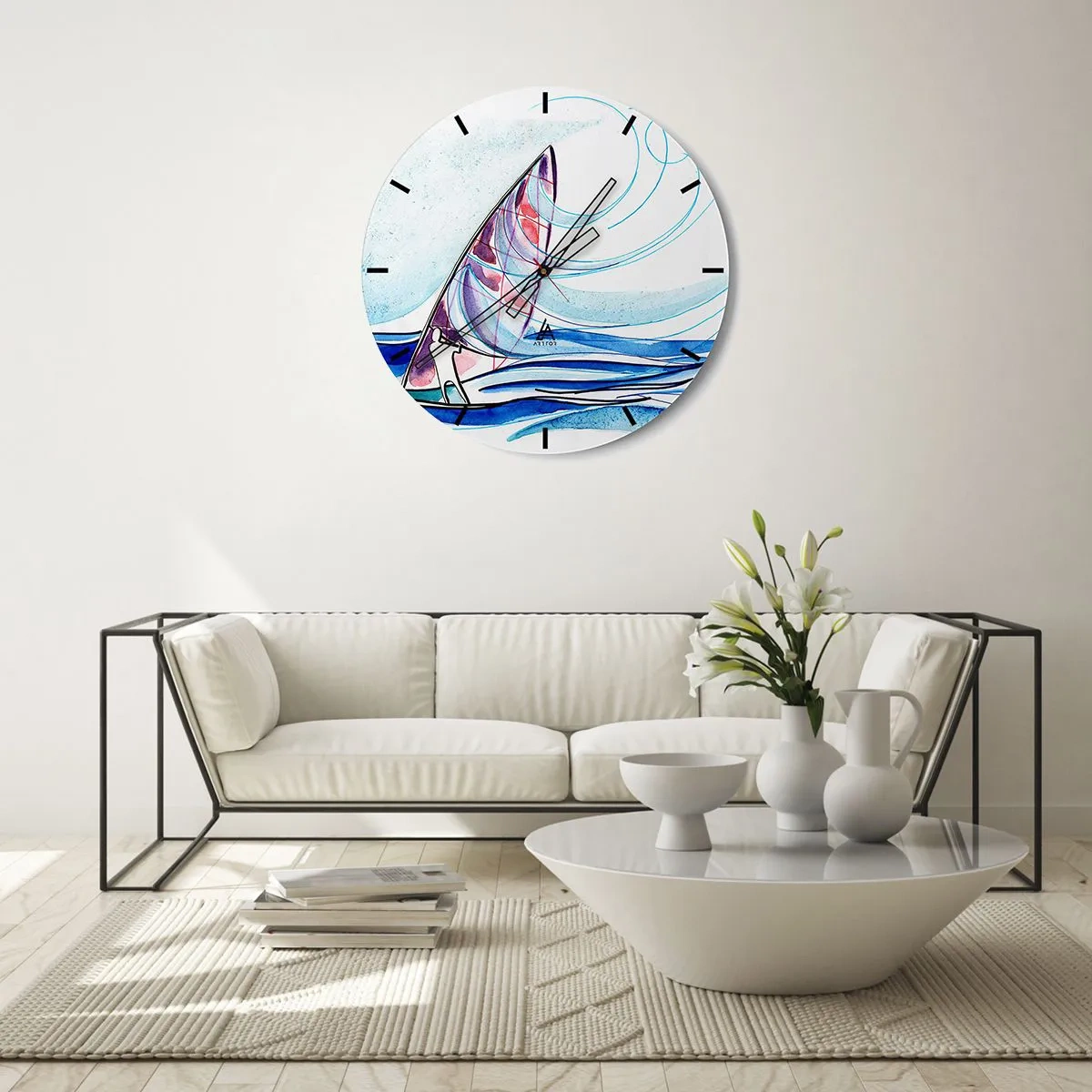 Reloj de pared - Reloj de vidrio - Un velero en un mar tempestuoso en una forma dinámica y abstracta. - 30x30cm - Con el viento al ritmo de las olas - Decoración de pared moderna para salón, cocina y dormitorio ARTTOR