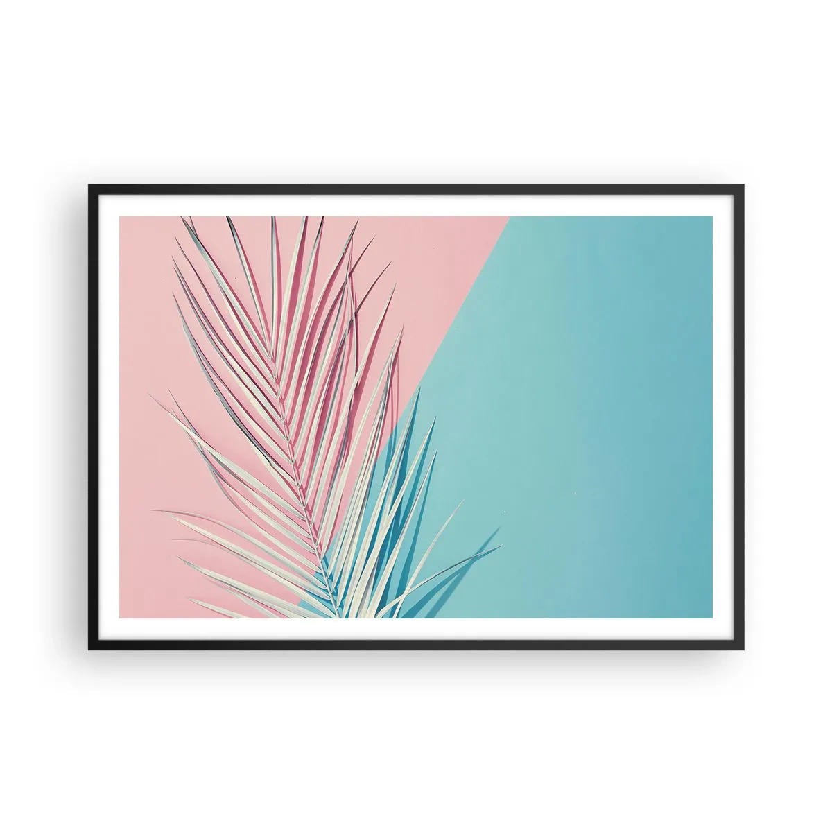 Póster en marco negro - Hoja tropical sobre un fondo de tonos pastel de rosa y azul. - 100x70cm - Impresión tropical - Decoración de pared moderna para salón y dormitorio ARTTOR