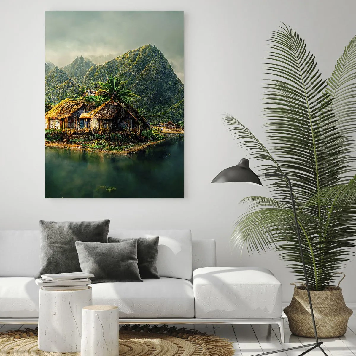 Cuadro sobre vidrio - Impresiones sobre Vidrio - Un pueblo tropical junto al agua rodeado de montañas y palmeras. - 50x70cm - Paraíso tropical - Decoración de pared moderna para salón y dormitorio ARTTOR