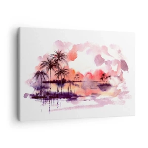 Cuadro sobre lienzo - Impresión de Imagen - Paisaje tropical con palmeras al atardecer en acuarela. - 70x50cm - La calma de los trópicos en rojo - Decoración de pared moderna para salón y dormitorio ARTTOR
