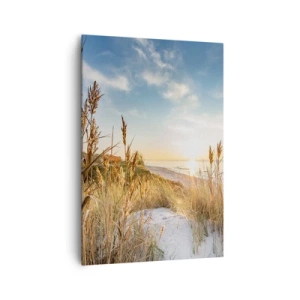 Cuadro sobre lienzo - Impresión de Imagen - Una playa pintoresca con césped y la puesta de sol. - 70x100cm - Playa del norte - Decoración de pared moderna para salón y dormitorio ARTTOR
