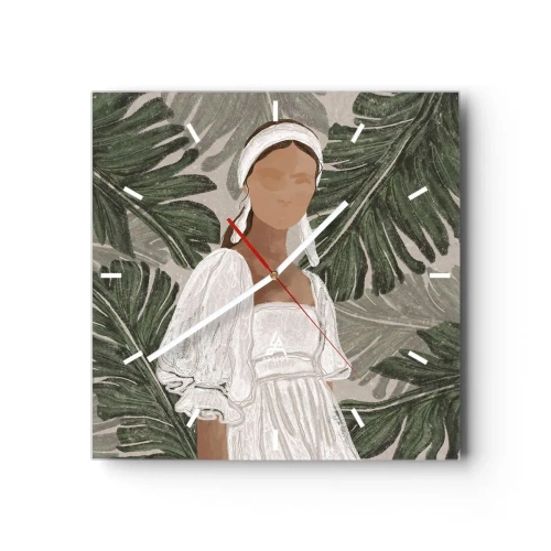 Reloj de pared - Reloj de vidrio - Retrato de una mujer con un vestido blanco sobre un fondo de hojas de monstera. - 30x30cm - Retrato exótico - Decoración de pared moderna para salón y dormitorio ARTTOR