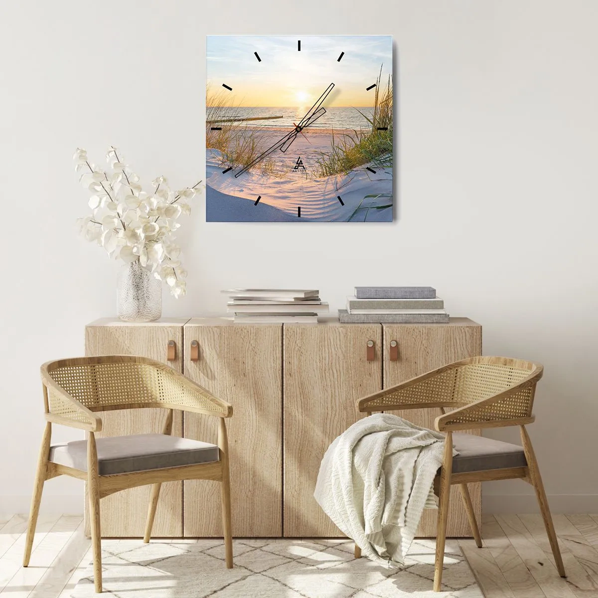 Reloj de pared - Reloj de vidrio - El sonido del mar, el canto de los pájaros, una playa virgen entre las dunas... - 40x40 cm