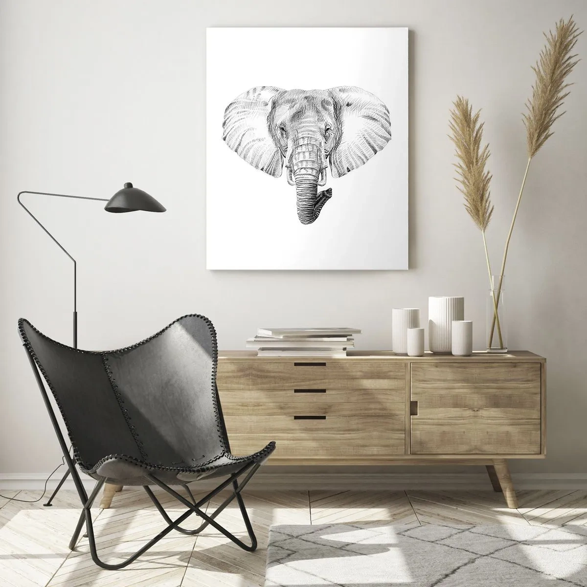 Cuadro sobre vidrio - Impresiones sobre Vidrio - Dibujo en blanco y negro de la cabeza de un elefante sobre un fondo blanco. - 70x100cm - Érase una vez un elefante... - Decoración de pared moderna para salón y dormitorio ARTTOR