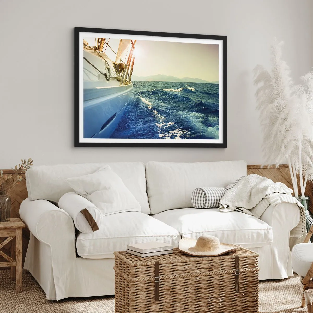 Póster en marco negro - Un yate en mar abierto con vistas a las olas. - 70x50cm - Para una aventura - Decoración de pared moderna para salón y dormitorio ARTTOR