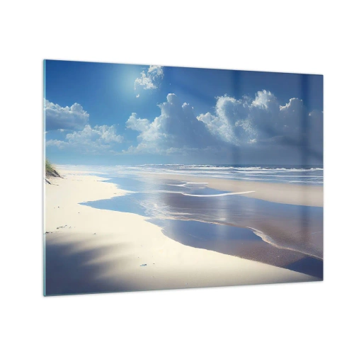 Cuadro sobre vidrio - Impresiones sobre Vidrio - Una amplia playa de arena y olas tranquilas bajo un cielo azul. - 70x50cm - Vacaciones en el paraíso - Decoración de pared moderna para salón y dormitorio ARTTOR