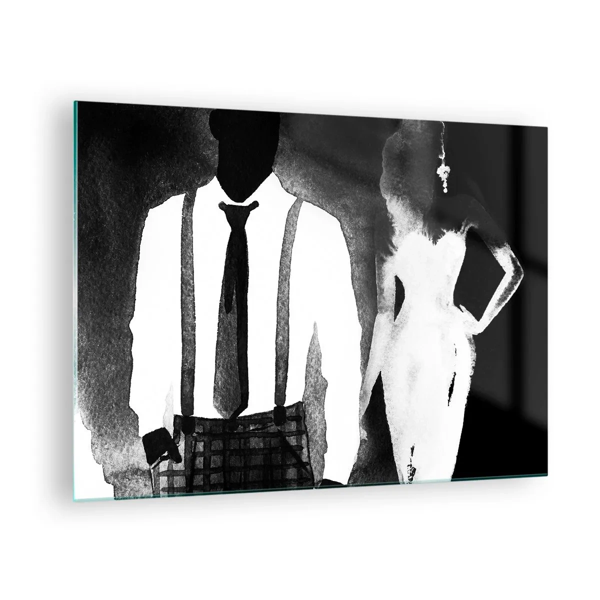 Cuadro sobre vidrio - Impresiones sobre Vidrio - Silueta en blanco y negro de una elegante pareja de cine negro. - 70x50cm - En un ambiente noir - Decoración de pared moderna para salón y dormitorio ARTTOR