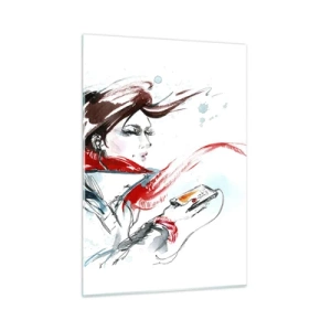 Cuadro sobre vidrio - Impresiones sobre Vidrio - Una mujer con un pañuelo rojo con detalles dinámicos y esquemáticos. - 50x70cm - Algo suena dentro de mí - Decoración de pared moderna para salón y dormitorio ARTTOR