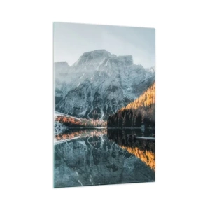 Cuadro sobre vidrio - Impresiones sobre Vidrio - Un paisaje de montaña reflejado en la tranquila superficie de un lago. - 80x120cm - Paisaje en el espejo - Decoración de pared moderna para salón y dormitorio ARTTOR