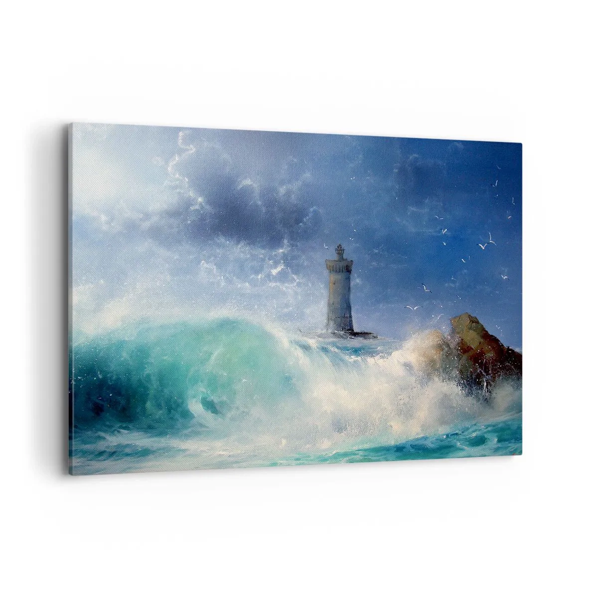 Cuadro sobre lienzo - Impresión de Imagen - Un faro rodeado de fuertes olas y nubes. - 100x70cm - En guardia contra los elementos - Decoración de pared moderna para salón y dormitorio ARTTOR