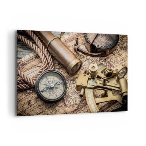 Cuadro sobre lienzo - Impresión de Imagen - Una brújula, un sextante y un telescopio sobre el fondo de un mapa antiguo y una cuerda náutica. - 120x80cm - Establecer un rumbo - Decoración de pared moderna para salón y dormitorio ARTTOR