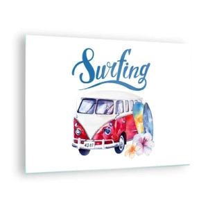 Cuadro sobre vidrio - Impresiones sobre Vidrio - Tema de surf con furgoneta y tablas. - 70x50cm - Un clásico para los surfistas - Decoración de pared moderna para salón y dormitorio ARTTOR
