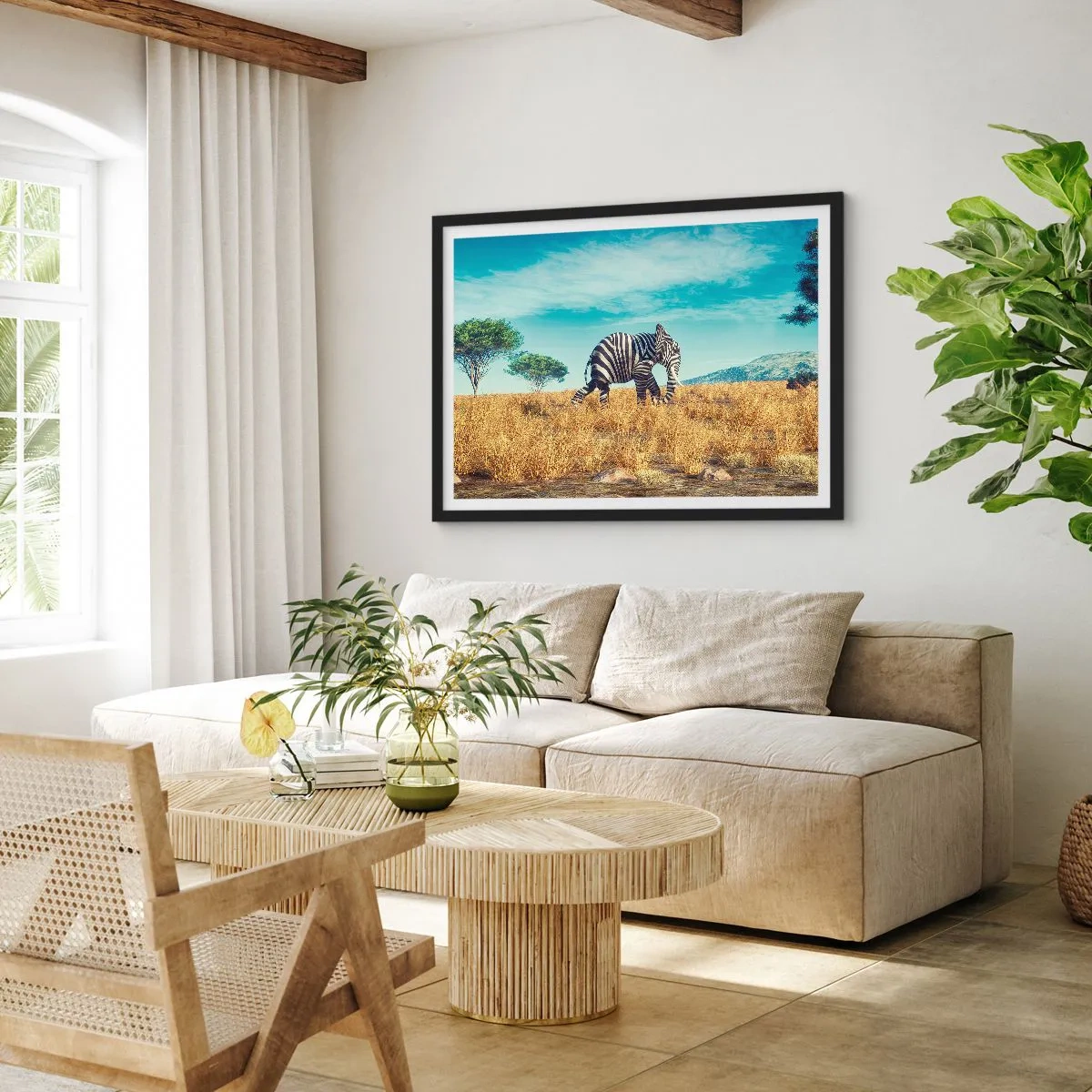 Póster en marco negro - Cebra en un paisaje africano - 70x50cm - El gris ya no está de moda - Decoración de pared moderna para salón y dormitorio ARTTOR