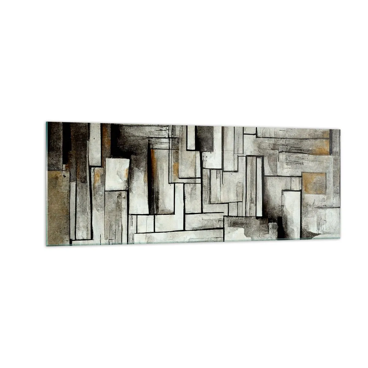 Cuadro sobre vidrio - Impresiones sobre Vidrio - Rectángulos abstractos en tonos de gris y negro. - 140x50cm - El poder de la sencillez - Decoración de pared moderna para salón y dormitorio ARTTOR