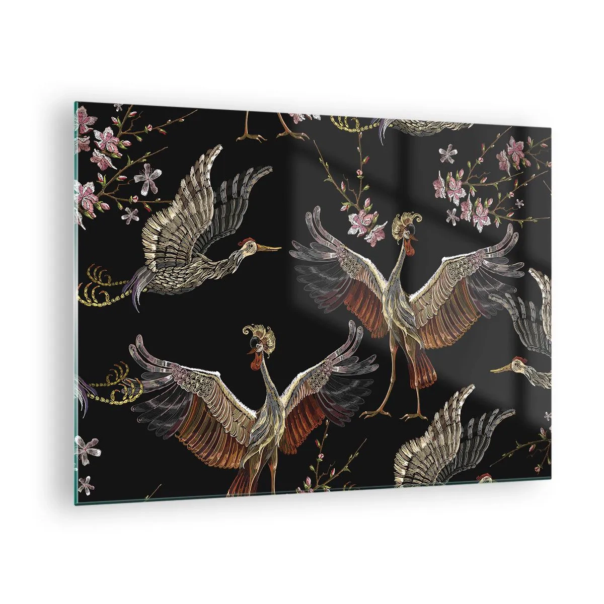 Cuadro sobre vidrio - Impresiones sobre Vidrio - Pájaros en vuelo con flores sobre fondo negro, estilo retro. - 70x50cm - Aves de cuento de hadas - Decoración de pared moderna para salón y dormitorio ARTTOR