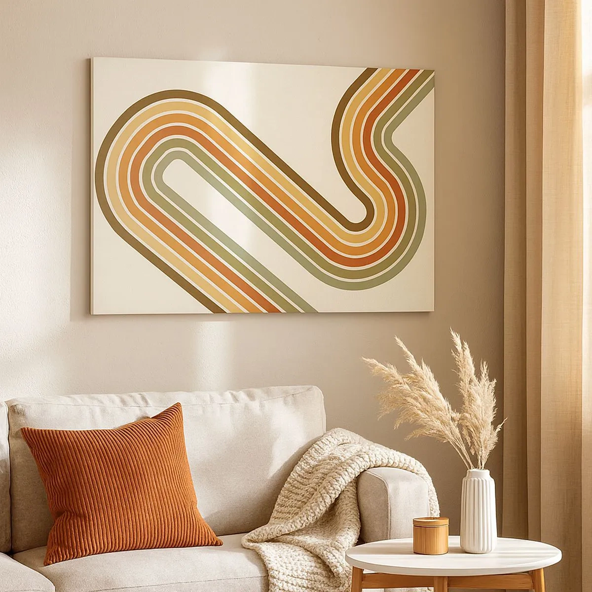 Cuadro sobre lienzo - Impresión de Imagen - Patrón geométrico en tonos verde, naranja y beige sobre un fondo claro. - 70x50cm - Zigzagueando hasta su destino - Decoración de pared moderna para salón y dormitorio ARTTOR