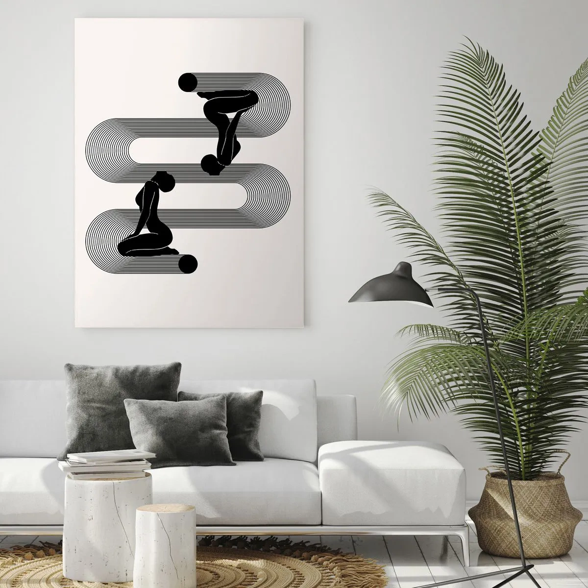 Cuadro sobre vidrio - Impresiones sobre Vidrio - Siluetas negras con líneas geométricas sobre un fondo claro - 70x100cm - Simetría sensual - Decoración de pared moderna para salón y dormitorio ARTTOR