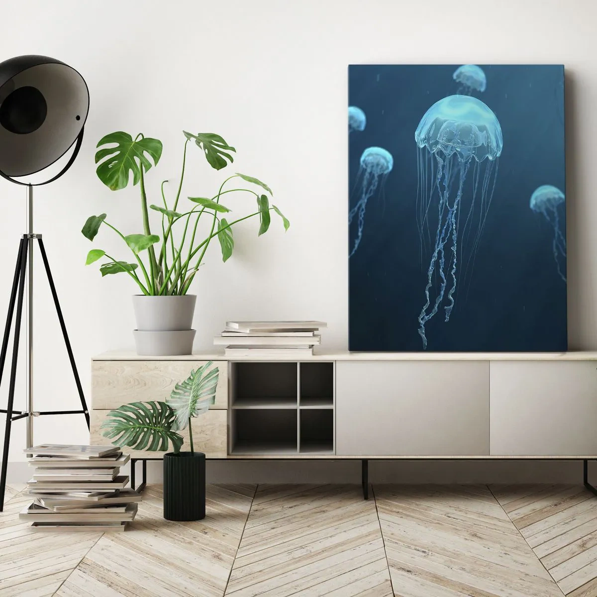 Cuadro sobre lienzo - Impresión de Imagen - Medusas flotando en las profundidades del océano en tonos azules. - 80x120cm - Danza oceánica - Decoración de pared moderna para salón y dormitorio ARTTOR