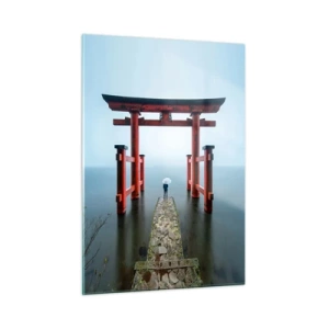 Cuadro sobre vidrio - Impresiones sobre Vidrio - Un torii rojo sobre aguas tranquilas en un entorno brumoso. - 50x70cm - Ensueño japonés - Decoración de pared moderna para salón y dormitorio ARTTOR