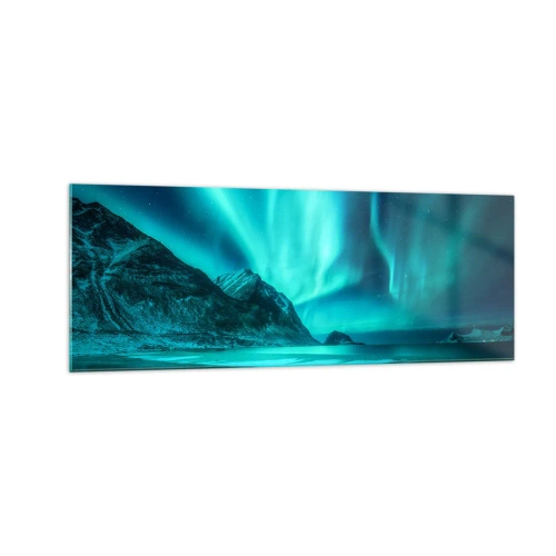 Cuadro sobre vidrio - Impresiones sobre Vidrio - Aurora boreal sobre un paisaje invernal montañoso - 140x50cm - Maravillas del norte - Decoración de pared moderna para salón y dormitorio ARTTOR