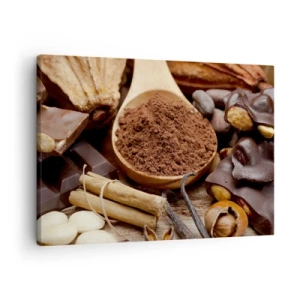 Cuadro sobre lienzo - Impresión de Imagen - Una cucharada de ingredientes de cacao y chocolate en un arreglo rústico. - 70x50cm - Lo mejor para las penas - Decoración de pared moderna para salón y dormitorio ARTTOR