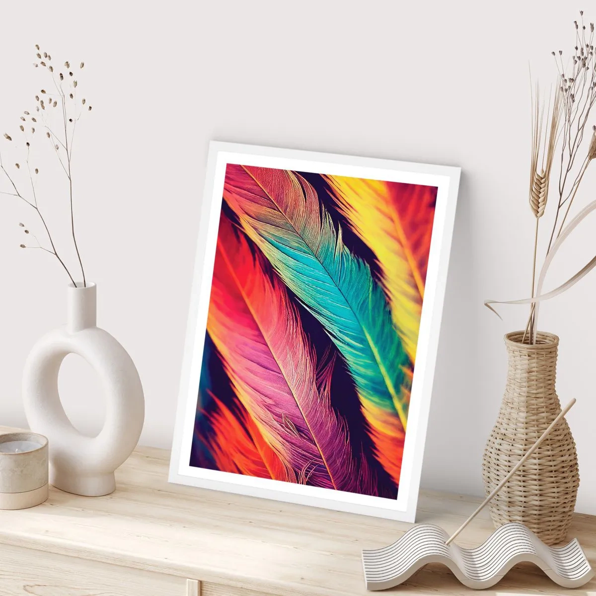 Póster en marco blanco - Arco iris plumoso - 61x91 cm