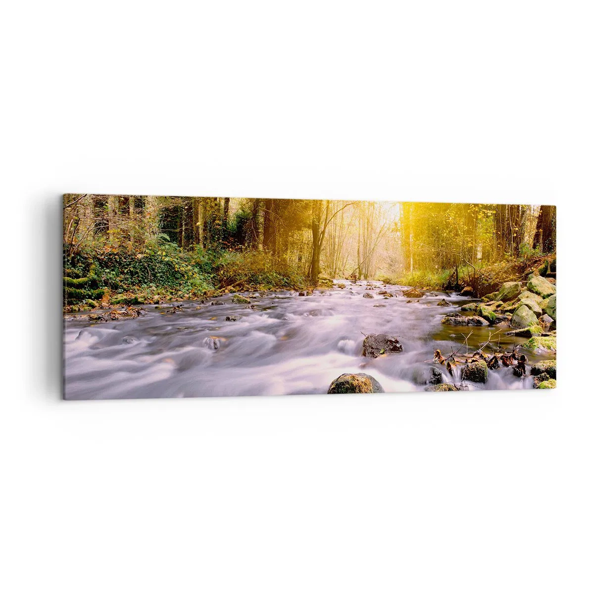 Cuadro sobre lienzo - Impresión de Imagen - Un arroyo forestal iluminado por los rayos del sol. - 140x50cm - Malaquita en un marco de plata y oro - Decoración de pared moderna para salón y dormitorio ARTTOR