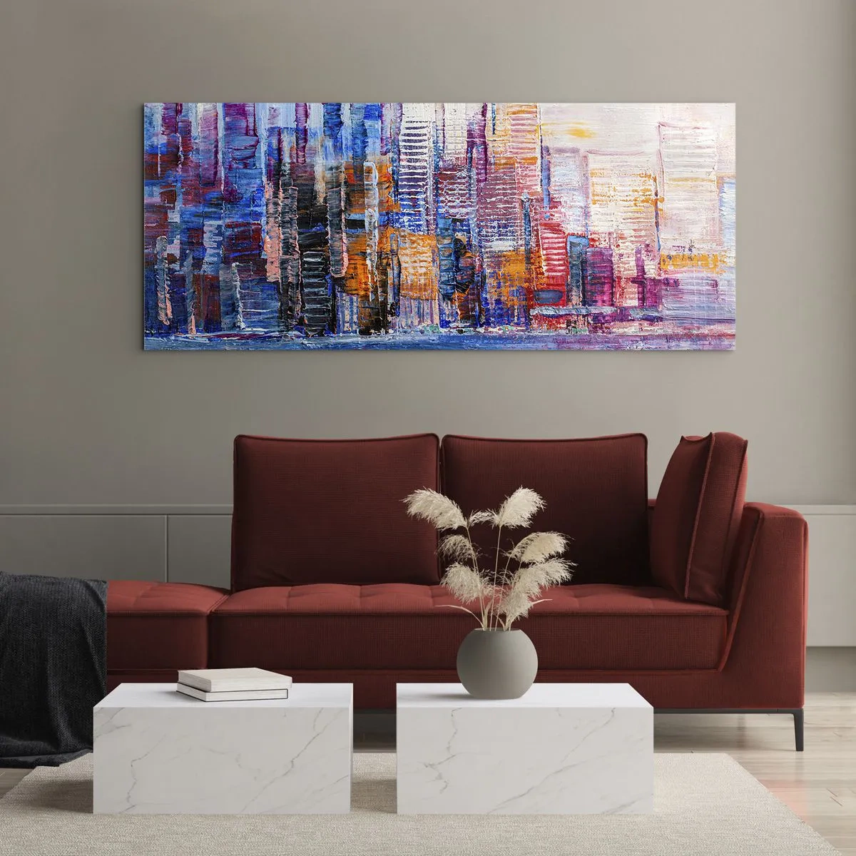 Cuadro sobre vidrio - Impresiones sobre Vidrio - Un panorama colorido de la ciudad con reflejos en el agua. - 120x50cm - Una metrópoli alegre - Decoración de pared moderna para salón y dormitorio ARTTOR