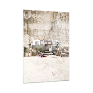 Cuadro sobre vidrio - Impresiones sobre Vidrio - Interior de una furgoneta camper en un entorno desértico, con elementos bohemios y naturales. - 50x70cm - Hora de empezar el viaje - Decoración de pared moderna para salón y dormitorio ARTTOR