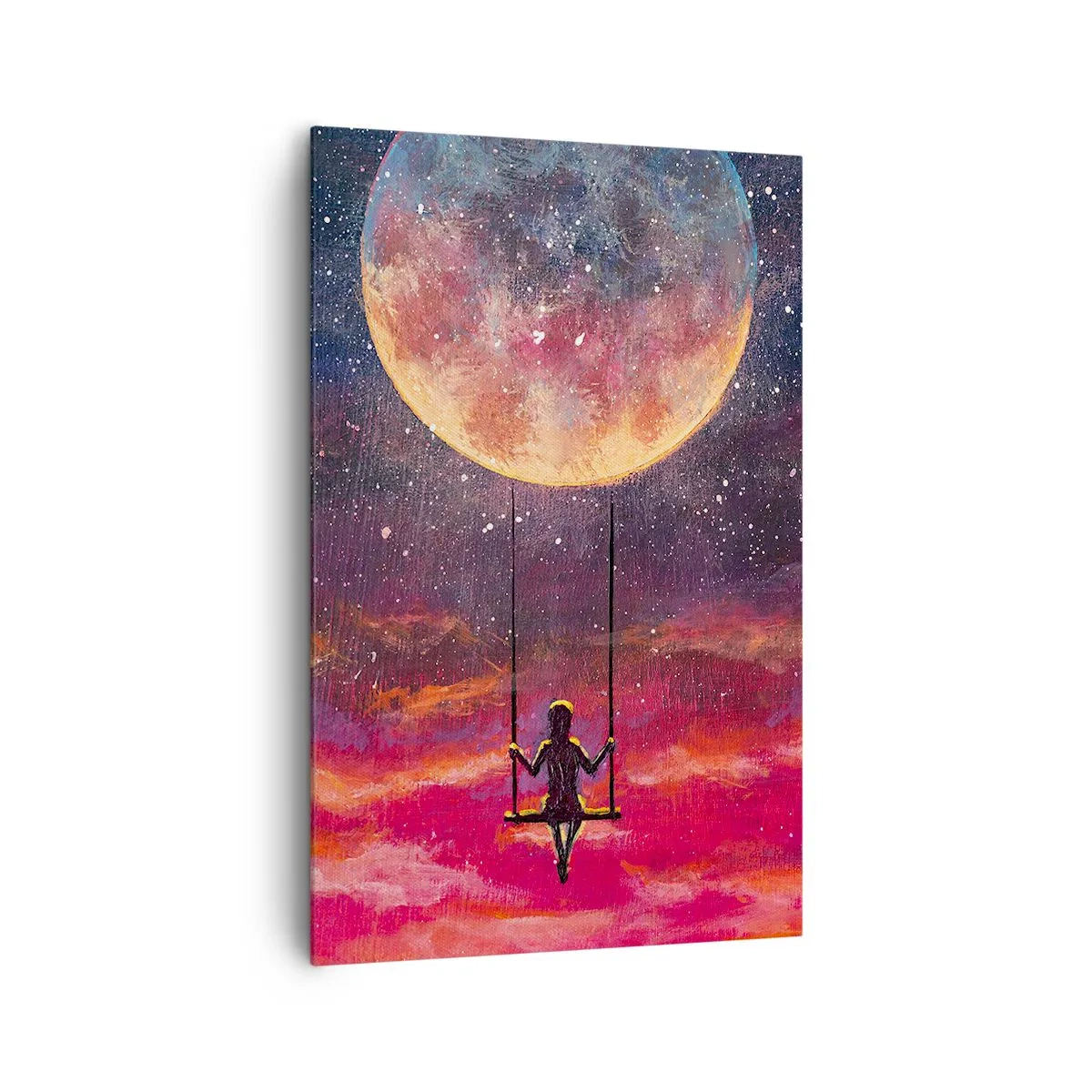 Cuadro sobre lienzo - Impresión de Imagen - Una figura en un columpio suspendido contra la luna. - 80x120cm - Disfrutar de las nubes - Decoración de pared moderna para salón y dormitorio ARTTOR