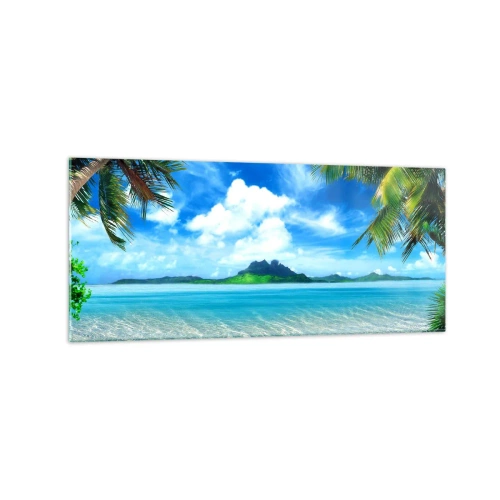 Cuadro sobre vidrio - Impresiones sobre Vidrio - Playa tropical con palmeras y vista a la isla. - 120x50cm - El azul de los trópicos - Decoración de pared moderna para salón y dormitorio ARTTOR