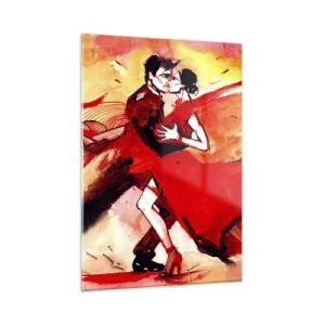 Cuadro sobre vidrio - Impresiones sobre Vidrio - Una pareja bailando en una composición roja dinámica. - 50x70cm - Ritmo púrpura de la pasión - Decoración de pared moderna para salón y dormitorio ARTTOR