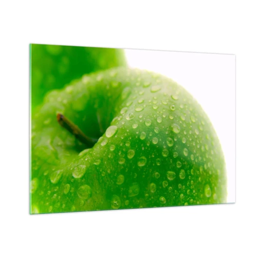 Cuadro sobre vidrio - Impresiones sobre Vidrio - Una manzana verde cubierta de gotas de agua. - 100x70cm - Frescor verde - Decoración de pared moderna para salón y dormitorio ARTTOR