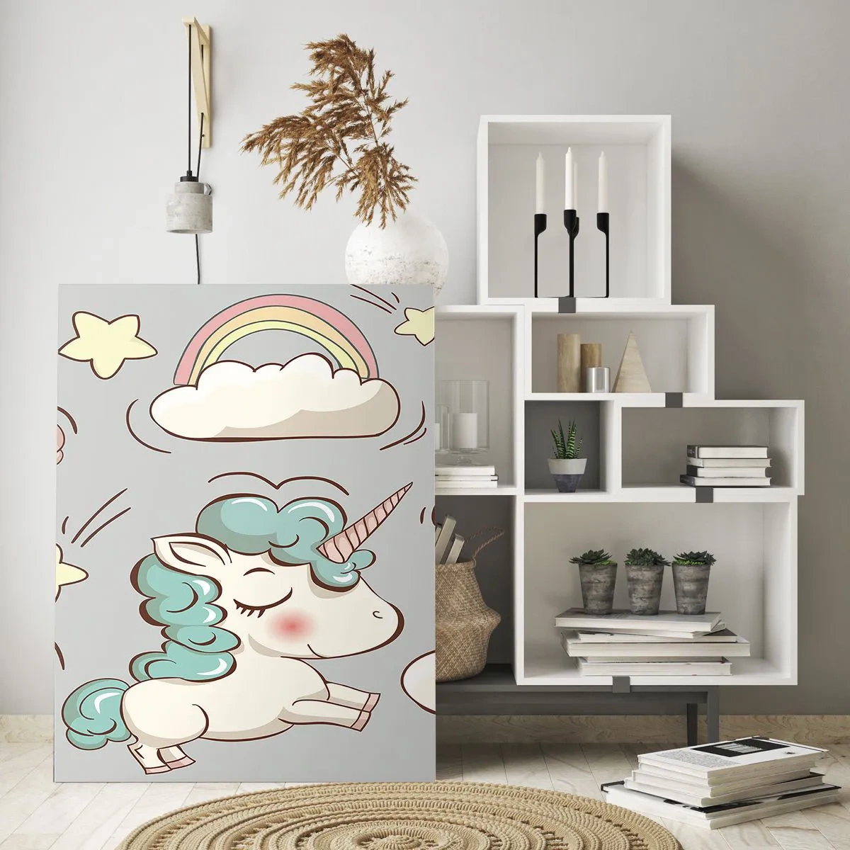 Cuadro sobre vidrio - Impresiones sobre Vidrio - Lindos unicornios en las nubes con un arcoíris y globos. - 50x70cm - Estoy seguro de que existen - Decoración de pared moderna para salón y dormitorio ARTTOR
