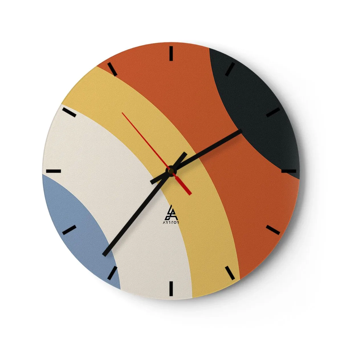 Reloj de pared - Reloj de vidrio - Arcos geométricos en tonos naranja, beige y azul. - 30x30cm - Círculo sobre círculo - Decoración de pared moderna para salón, cocina y dormitorio ARTTOR