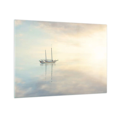 Cuadro sobre vidrio - Impresiones sobre Vidrio - Un velero a la deriva en un mar tranquilo al amanecer. - 70x50cm - En un mar de silencio - Decoración de pared moderna para salón y dormitorio ARTTOR