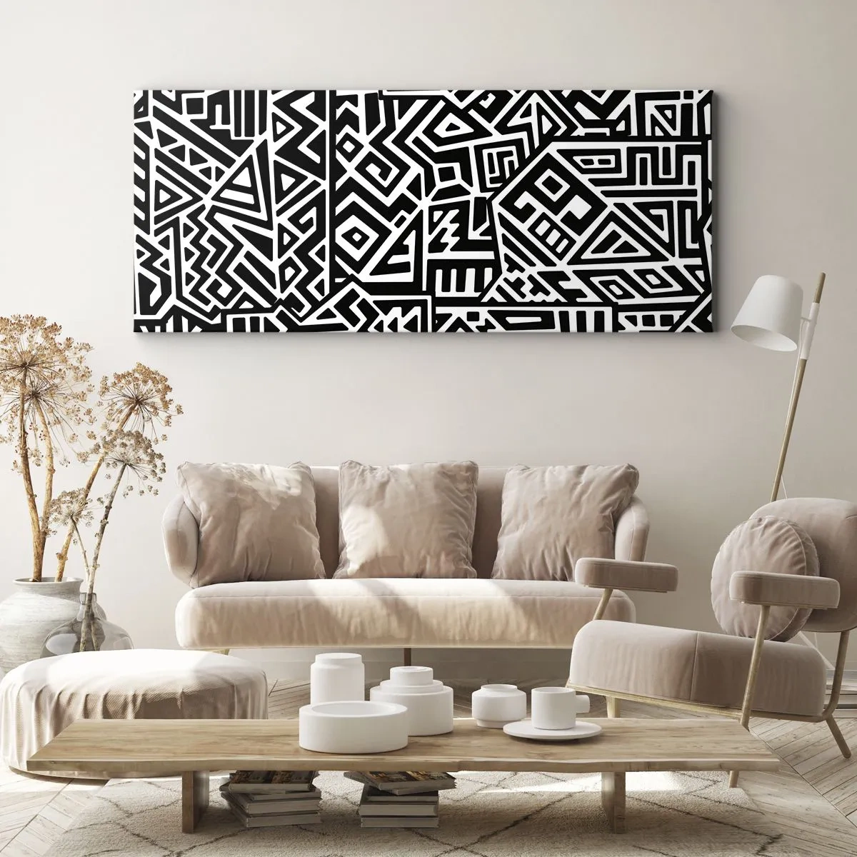 Cuadro sobre lienzo - Impresión de Imagen - Patrones geométricos en blanco y negro inspirados en la cultura precolombina. - 120x50cm - Composición precolombina - Decoración de pared moderna para salón y dormitorio ARTTOR