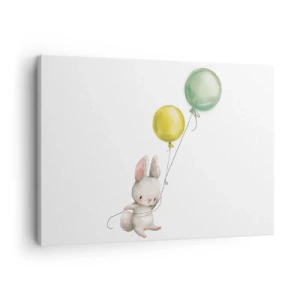 Cuadro sobre lienzo - Impresión de Imagen - Un conejo sosteniendo globos de colores pastel. - 70x50cm - ¡Yo también volaré! - Decoración de pared moderna para salón y dormitorio ARTTOR