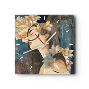 Reloj de pared - Reloj de vidrio - Retrato de una mujer con flores en estilo artístico sobre un fondo oscuro. - 30x30cm - Cuento de princesa con lirios - Decoración de pared moderna para salón y dormitorio ARTTOR