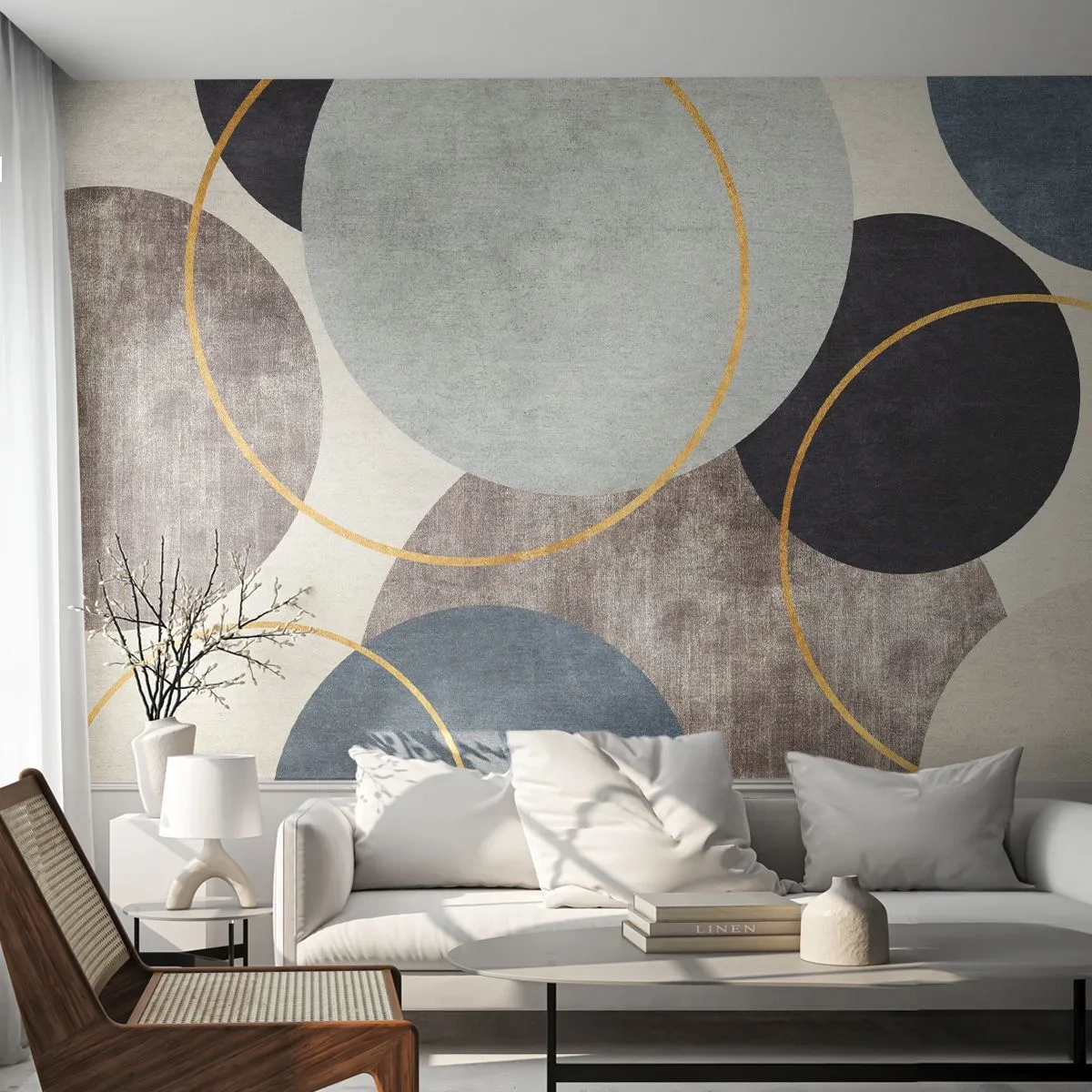 Fotomural Premium Sand - Una elegante composición de círculos superpuestos. - 100x70cm - Círculo tras círculo - Decoración de pared moderna para salón y dormitorio ARTTOR