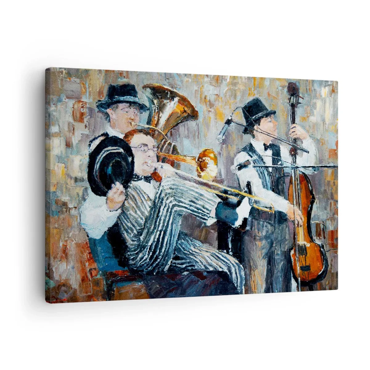 Cuadro sobre lienzo - Impresión de Imagen - Músicos de jazz en estilo pictórico durante un concierto. - 70x50cm - Todo ese jazz - Decoración de pared moderna para salón y dormitorio ARTTOR