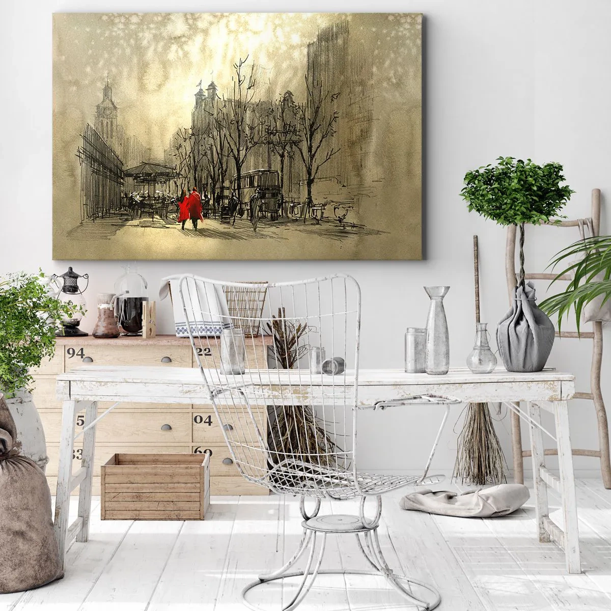 Cuadro sobre lienzo - Impresión de Imagen - Una figura roja en un entorno urbano nostálgico - 70x50cm - Cita en la niebla de Londres  - Decoración de pared moderna para salón y dormitorio ARTTOR